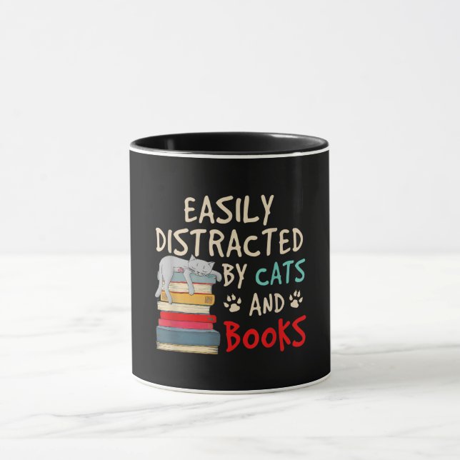 Easily Distracted by Cats and Books | Funny Cat Mug (Center)