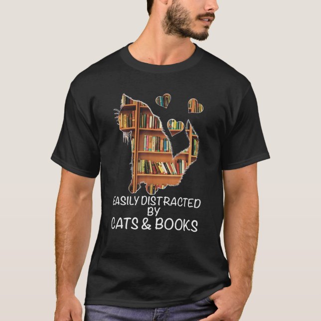 Easily Distracted By Cats And Books Funny Nerd Cat T-Shirt (Front)