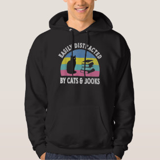 Easily Distracted By Cats and Books Funny Vintage Hoodie