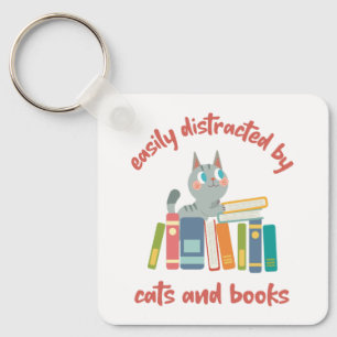 Easily Distracted by Cats and Books Keychain