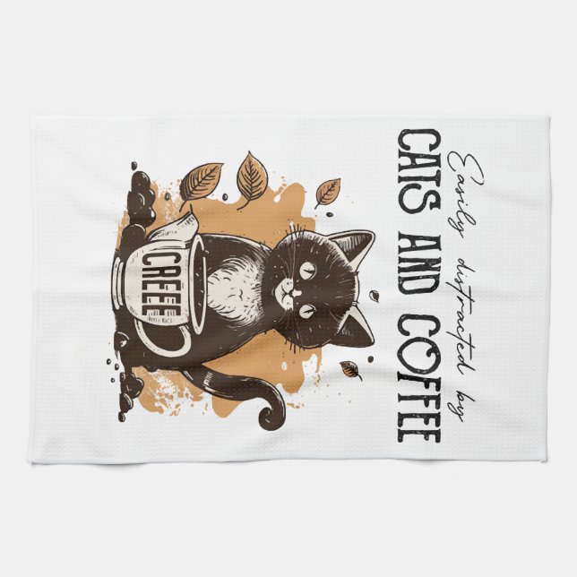 Easily Distracted By Cats And Coffee Cat Lovers Co Kitchen Towel (Horizontal)