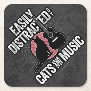 Easily Distracted by Cats and Music Square Paper Coaster