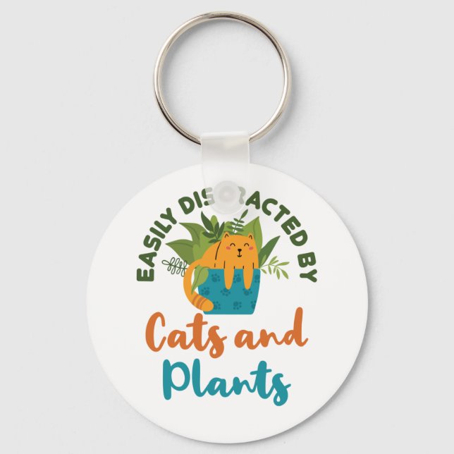 Easily Distracted by Cats and Plants Cat Lover Keychain (Front)