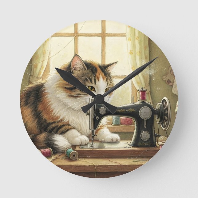 Easily Distracted By Cats And Sewing - Cat Sewing Round Clock (Front)