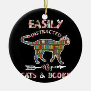 Easily Distracted By Cats Books Ceramic Ornament