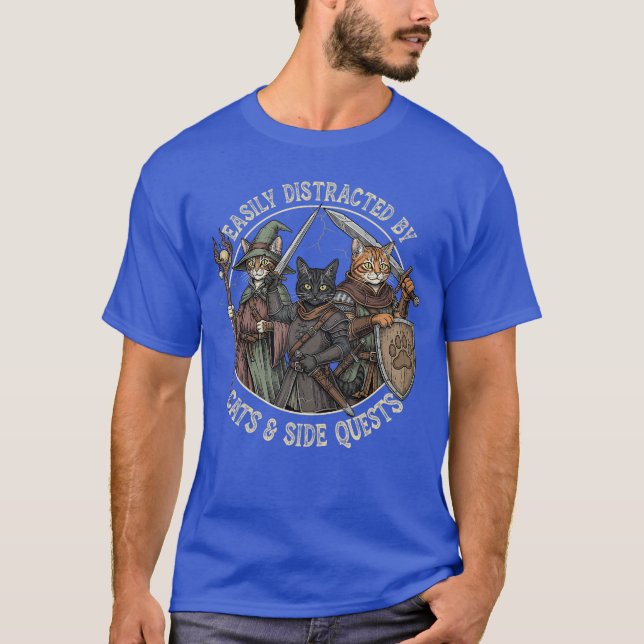 Easily Distracted by Cats Side Quests Funny Gamer  T-Shirt (Front)
