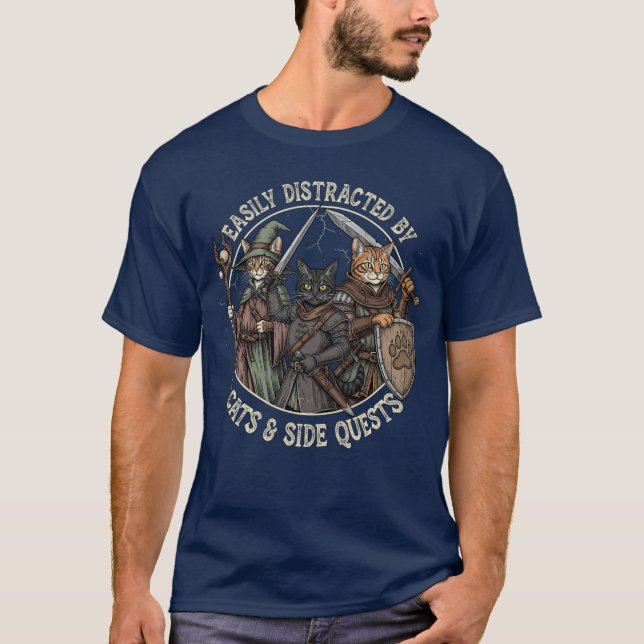 Easily Distracted by Cats Side Quests Funny Gamer  T-Shirt (Front)