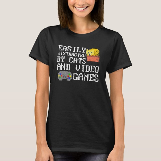 Easily Distracted By Cats & Video Games Retro 8 Bi T-Shirt (Front)