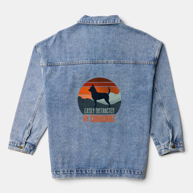 Easily Distracted By Chihuahuas Dog Walking Denim Jacket (Back)