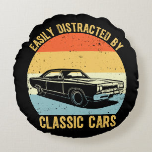 Easily Distracted By Classic Cars Round Pillow