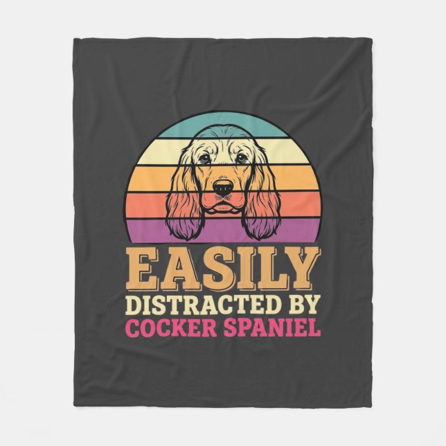 Easily Distracted By Cocker Spaniel Retro Dog Fleece Blanket (Front)