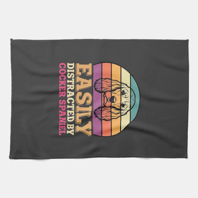 Easily Distracted By Cocker Spaniel Retro Dog Kitchen Towel (Horizontal)