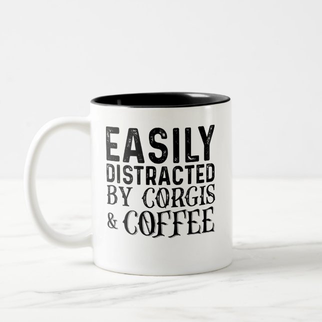 Easily Distracted By Corgis And Coffee Two-Tone Coffee Mug (Left)