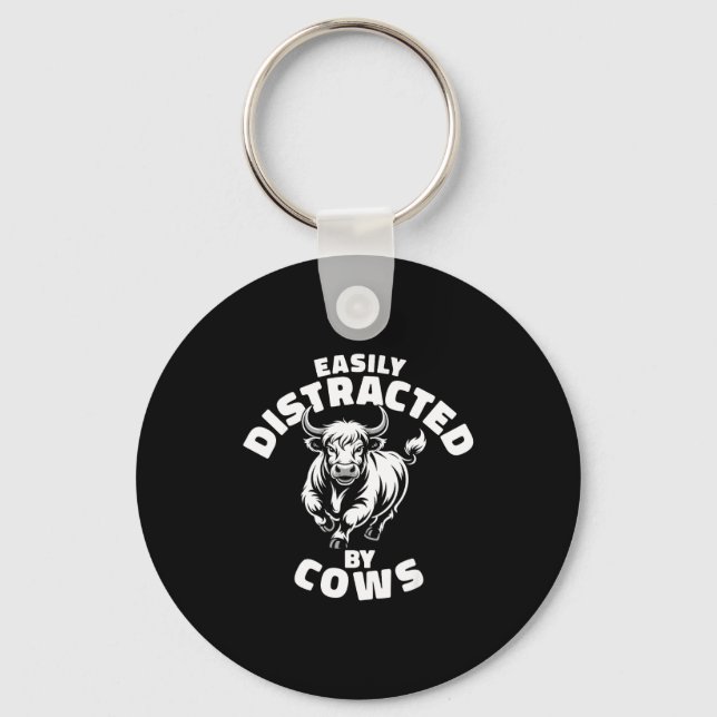 Easily Distracted By Cows Western Highland Cow  Keychain (Front)