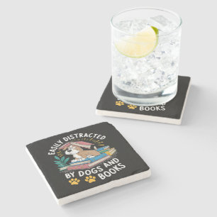 Easily Distracted by Dogs and Books Funny Pets Stone Coaster