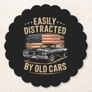 Easily Distracted by Old Cars Classic Car Guy Funn Paper Coaster