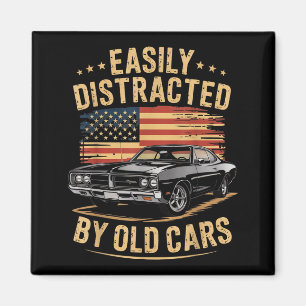 Easily Distracted By Old Clic Car Guy Funny Vintag Magnet