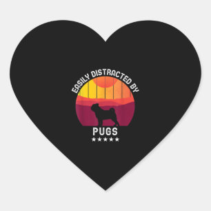 Easily Distracted By Pugs Retro Pug Dog Lover Heart Sticker