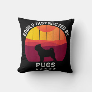 Easily Distracted By Pugs Retro Pug Dog Lover Throw Pillow