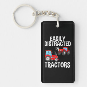 Easily Distracted By Tractors Farmer Red Tractor Keychain