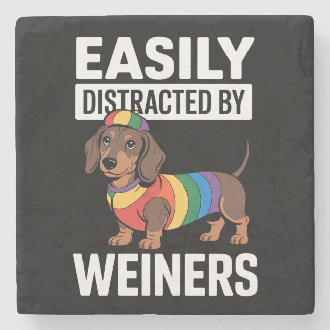 Easily Distracted By Weiners LGBTQ Rainbow Gay Stone Coaster (Front)