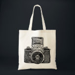 East German Camera - Black Tote Bag<br><div class="desc">A bag with a high contrast, high passed filtered and vectorized image of a vintage East German camera from the 1950s. Creating a strong bold toothy retro screen print. or medieval Gothic brass rubbing like effect.</div>