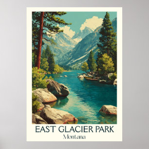 East Glacier Park MT Vintage River Mountain Art Poster