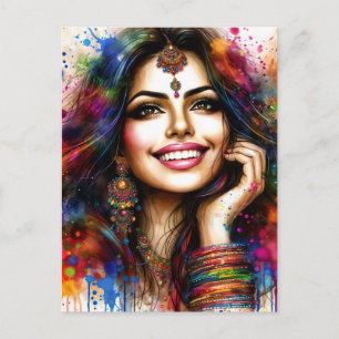 East Indian Beauty Colorful Festival Art Postcard