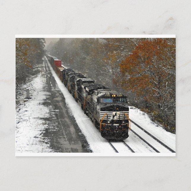 Eastbound Stack Train in Snow Postcard (Front)