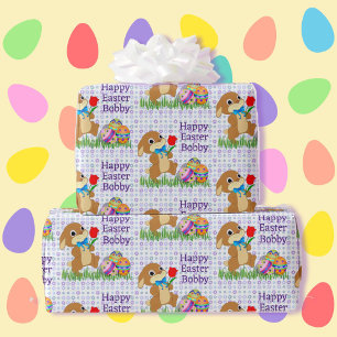 Easter Add Child's Name Cute Bunny Eggs Wrapping Paper