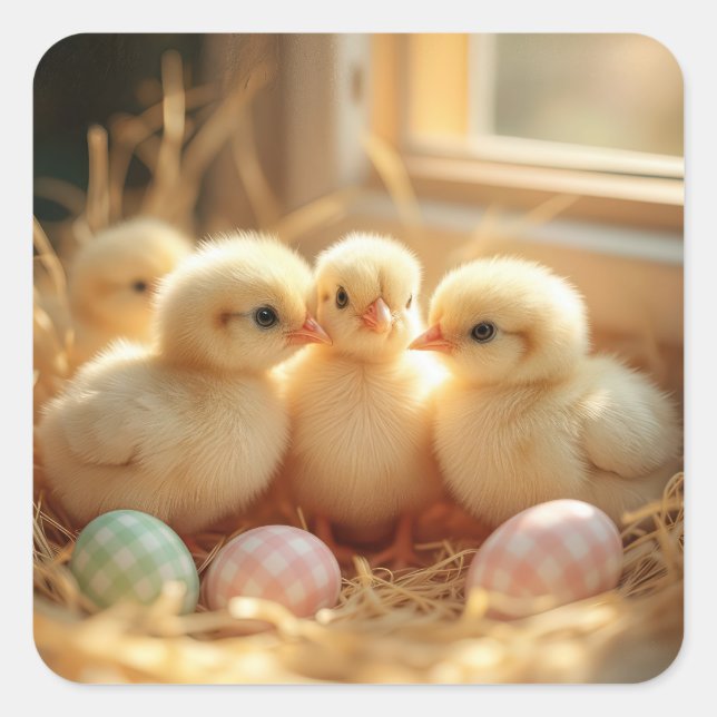 Easter Baby Chicks With Gingham Eggs Square Sticker (Front)