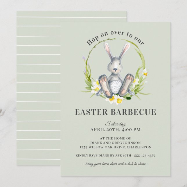 Easter Barbecue Cute Bunny Floral Invitation (Front/Back)