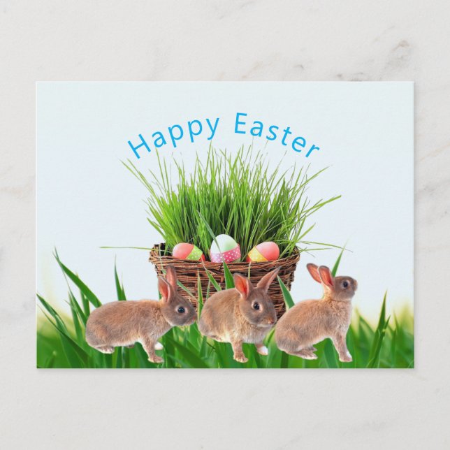 Easter Basket and Rabbits Happy Holiday Postcard (Front)