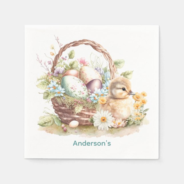 Easter Basket & Duckling Personalized Napkin (Front)