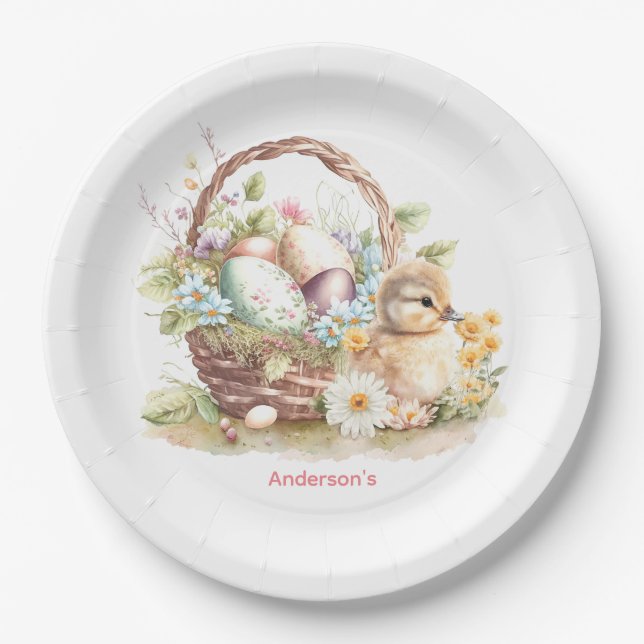 Easter Basket & Duckling Personalized Paper Plate (Front)