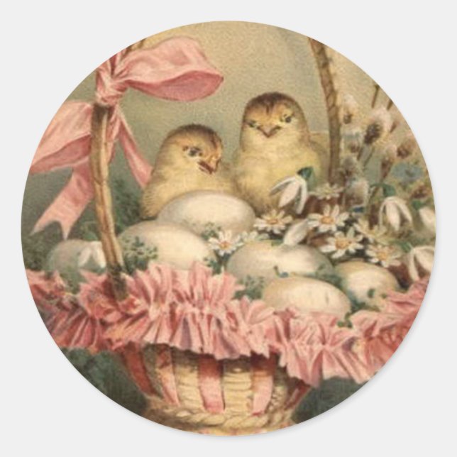 Easter Basket Egg Chick Pink Bow Classic Round Sticker (Front)
