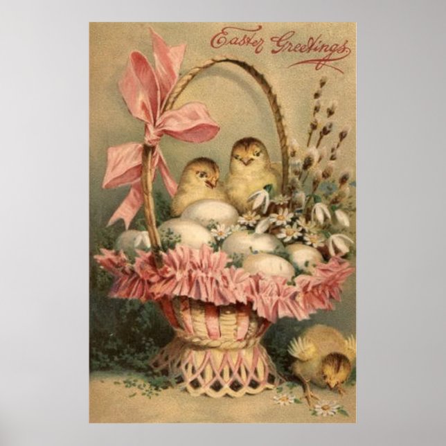 Easter Basket Egg Chick Pink Bow Forget Me Not Poster (Front)