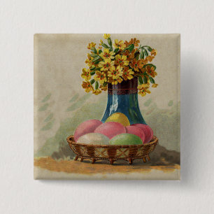 Easter Basket Eggs Flowers Antique 2 Inch Square Button