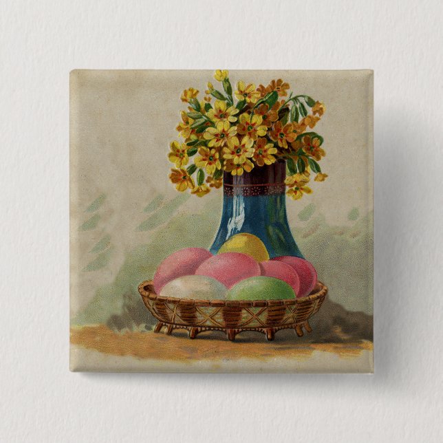Easter Basket Eggs Flowers Antique 2 Inch Square Button (Front)