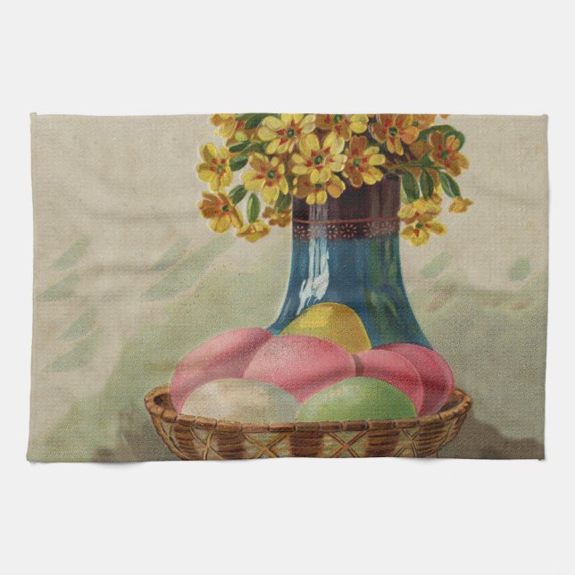 Easter Basket Eggs Flowers Antique Kitchen Towel (Horizontal)