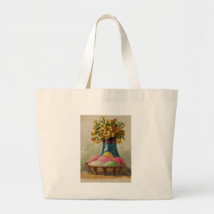 Easter Basket Eggs Flowers Antique Large Tote Bag