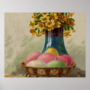 Easter Basket Eggs Flowers Antique Poster