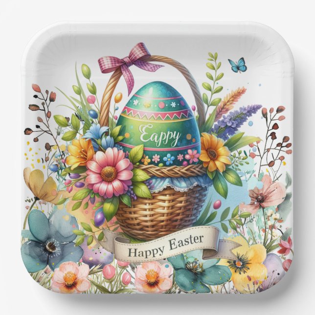 Easter Basket Eggs & Spring Flowers Paper Plate (Front)