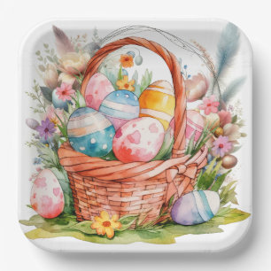 Easter Basket Eggs & Spring Flowers Paper Plate