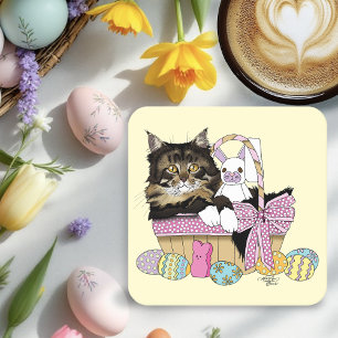 Easter Basket Tabby Kitten Square Paper Coaster