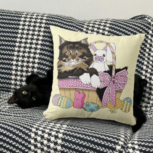 Easter Basket Tabby Kitten Throw Pillow