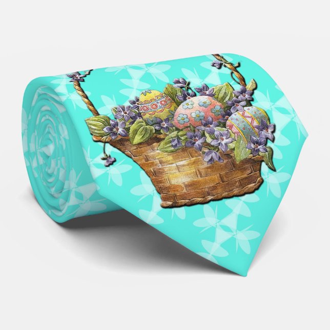 Easter Basket Turquoise Chequered Style Design Tie (Rolled)