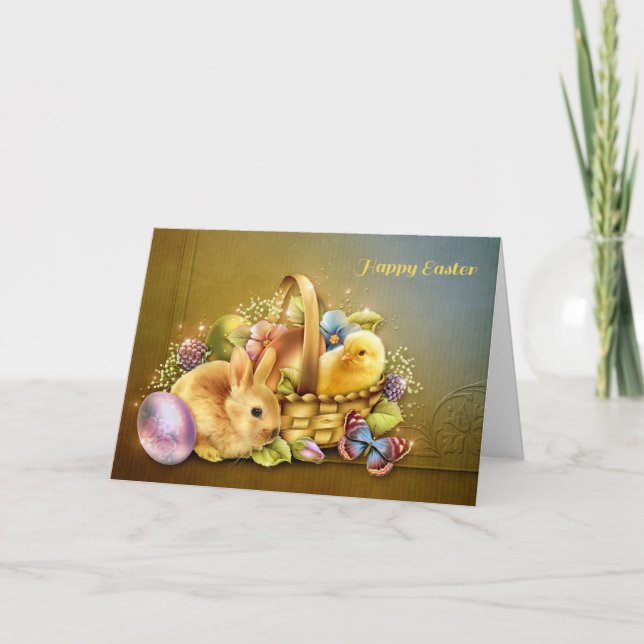 Easter Basket with Bunny and Chick Holiday Card (Front)
