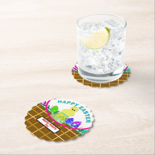 Easter Basket Yellow Blue Chick Egg Paper Coaster