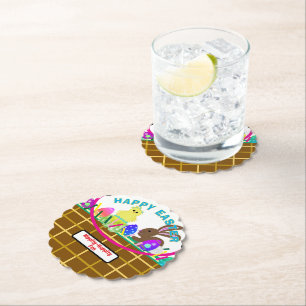 Easter Basket Yellow Blue Chick Egg Rabbit Paper Coaster